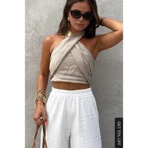 NWT. Commence Khaki Cotton and Linen Cross Halter Tank -Size XS